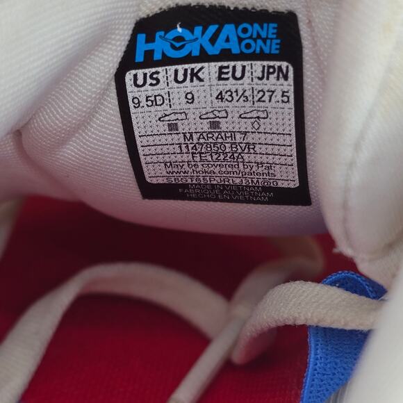 Hoka One One Arahi 7 Shoes Mens 9.5 D White Blue Low Athletic Walking Sneakers